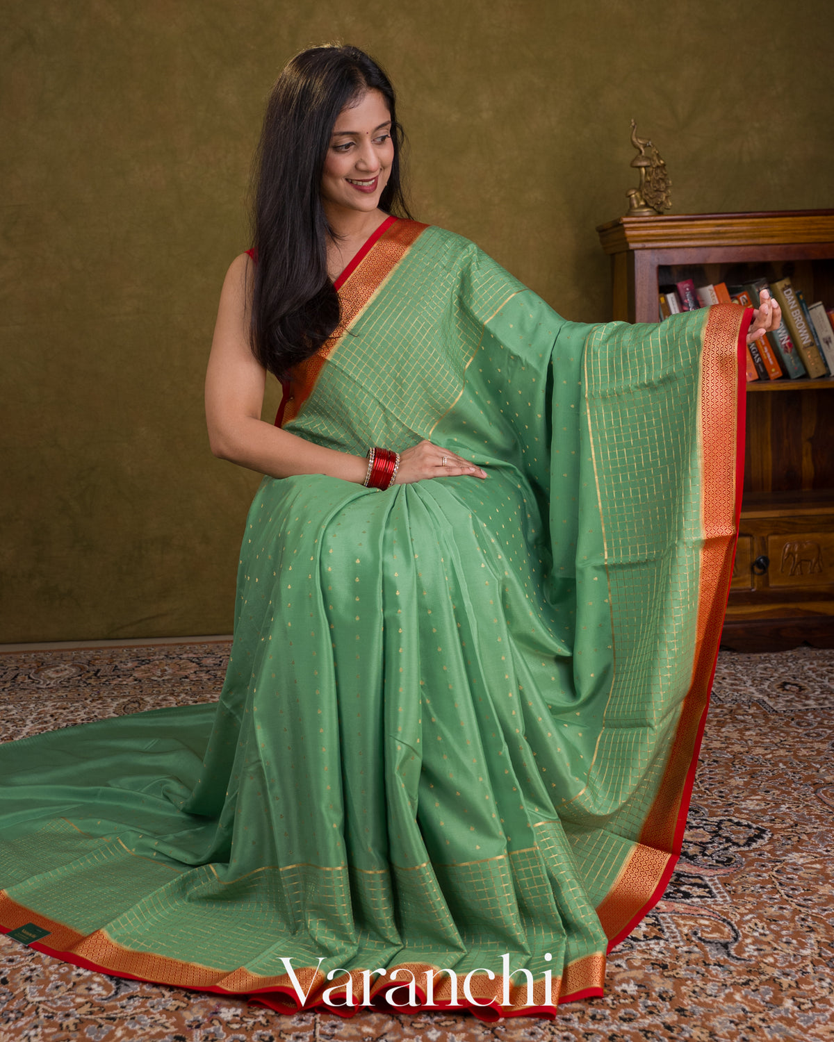 Sea Green Pure Mysore Crepe Silk Saree — Draped