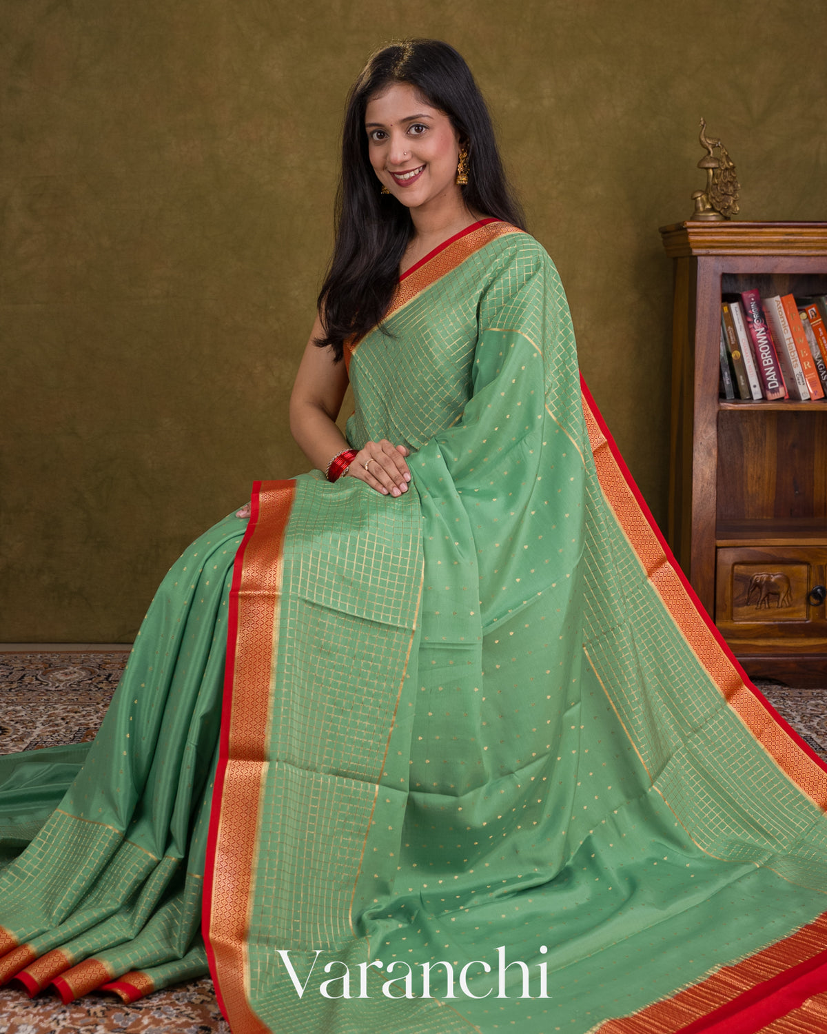 Sea Green Pure Mysore Crepe Silk Saree — Draped