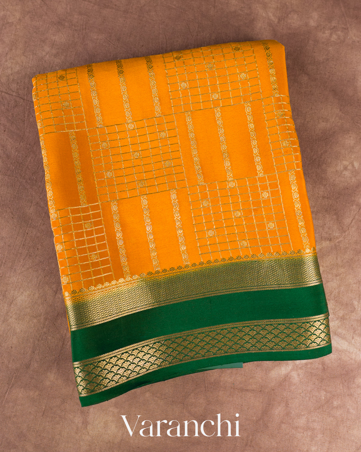 Deep Mustard Yellow Checkered Pure Mysore Crepe Silk Saree — Folded