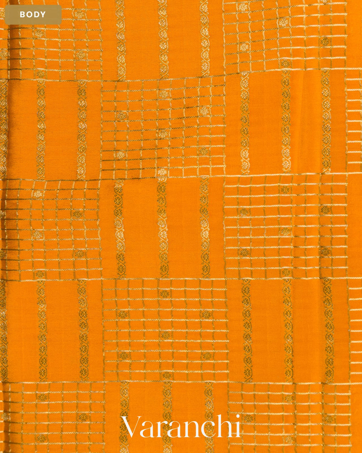 Deep Mustard Yellow Checkered Pure Mysore Crepe Silk Saree — Body
