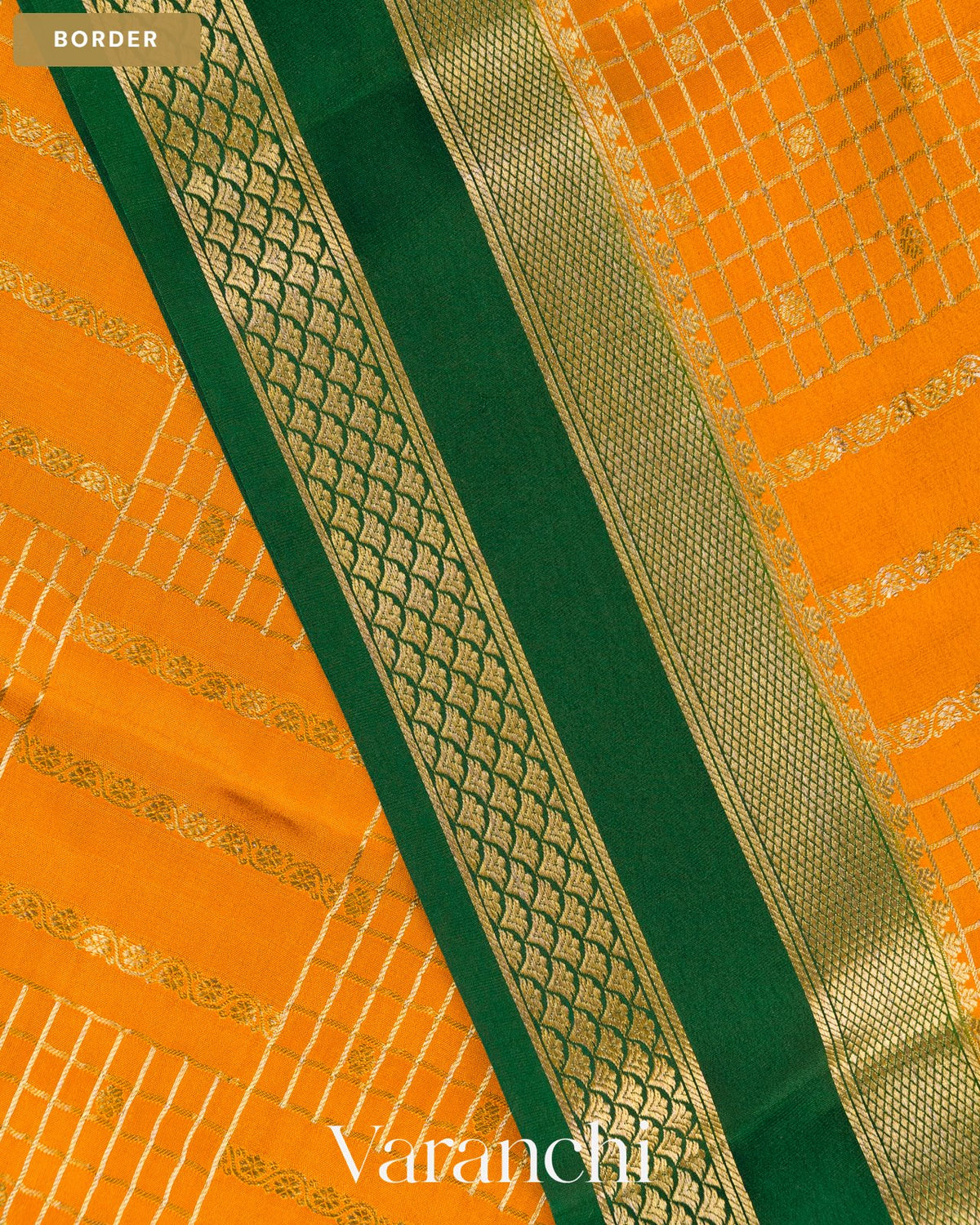 Deep Mustard Yellow Checkered Pure Mysore Crepe Silk Saree — Border
