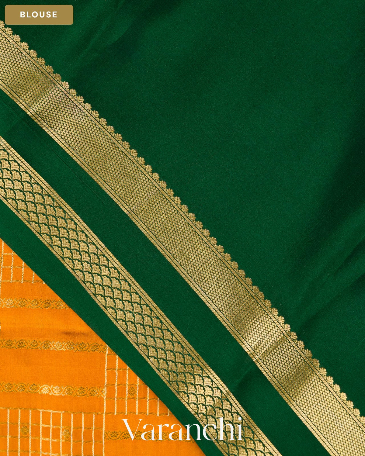 Deep Mustard Yellow Checkered Pure Mysore Crepe Silk Saree — Blouse