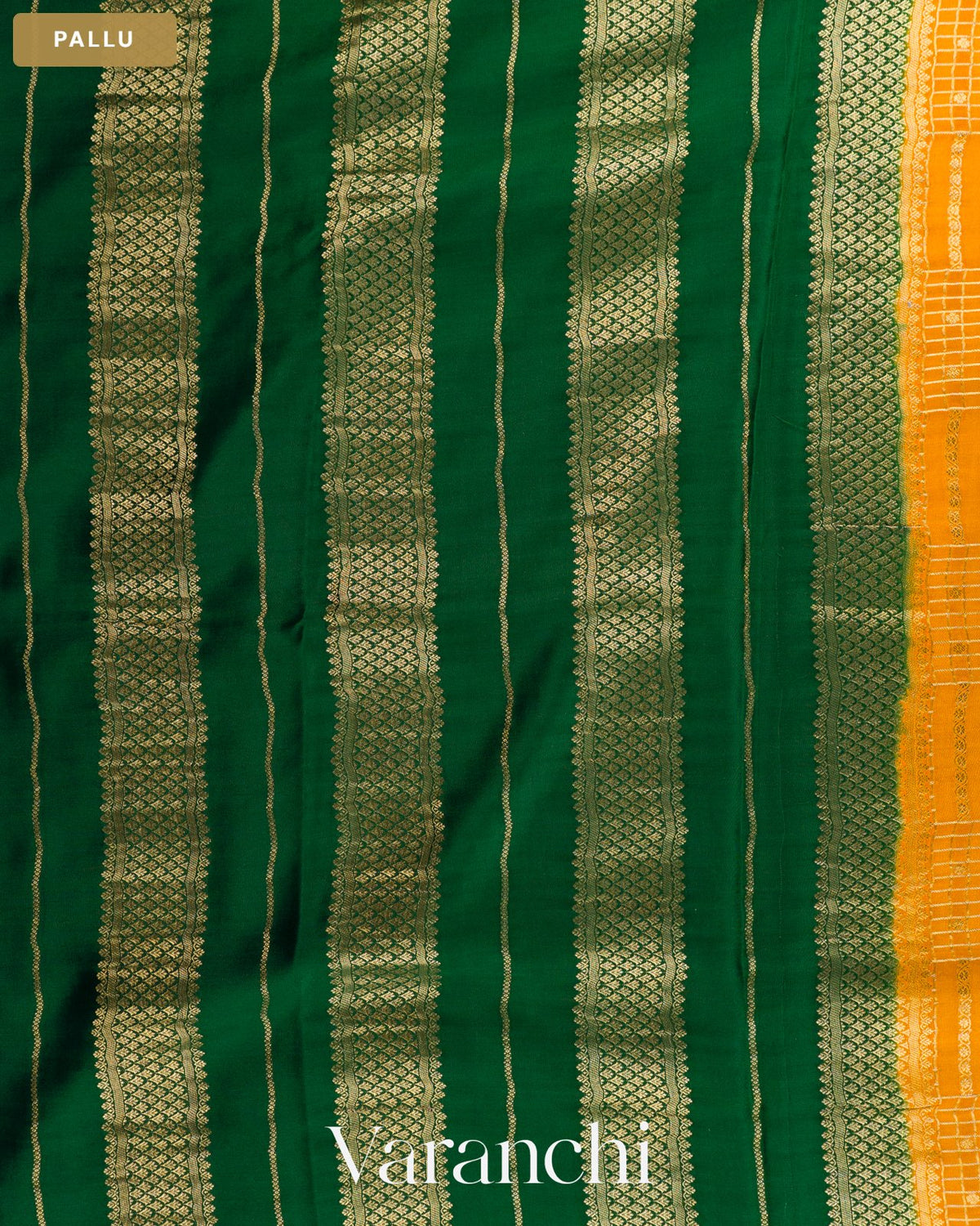 Deep Mustard Yellow Checkered Pure Mysore Crepe Silk Saree — Pallu
