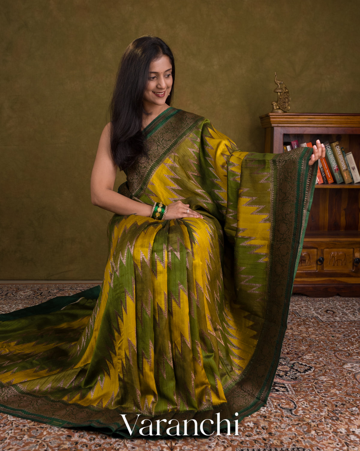 Green Tricolour Rangkaat Pure Raw Silk Handloom Saree — Draped