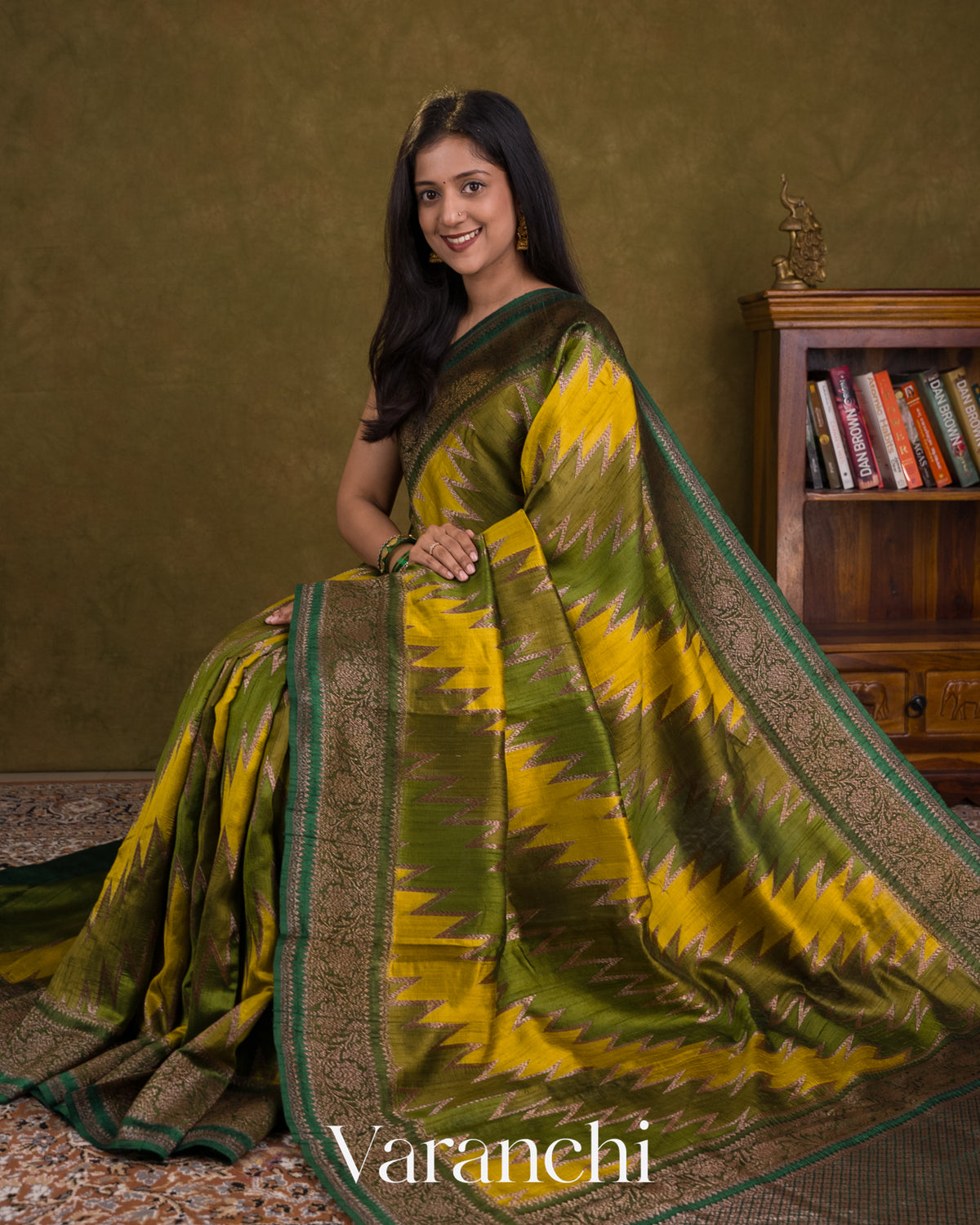 Green Tricolour Rangkaat Pure Raw Silk Handloom Saree — Draped