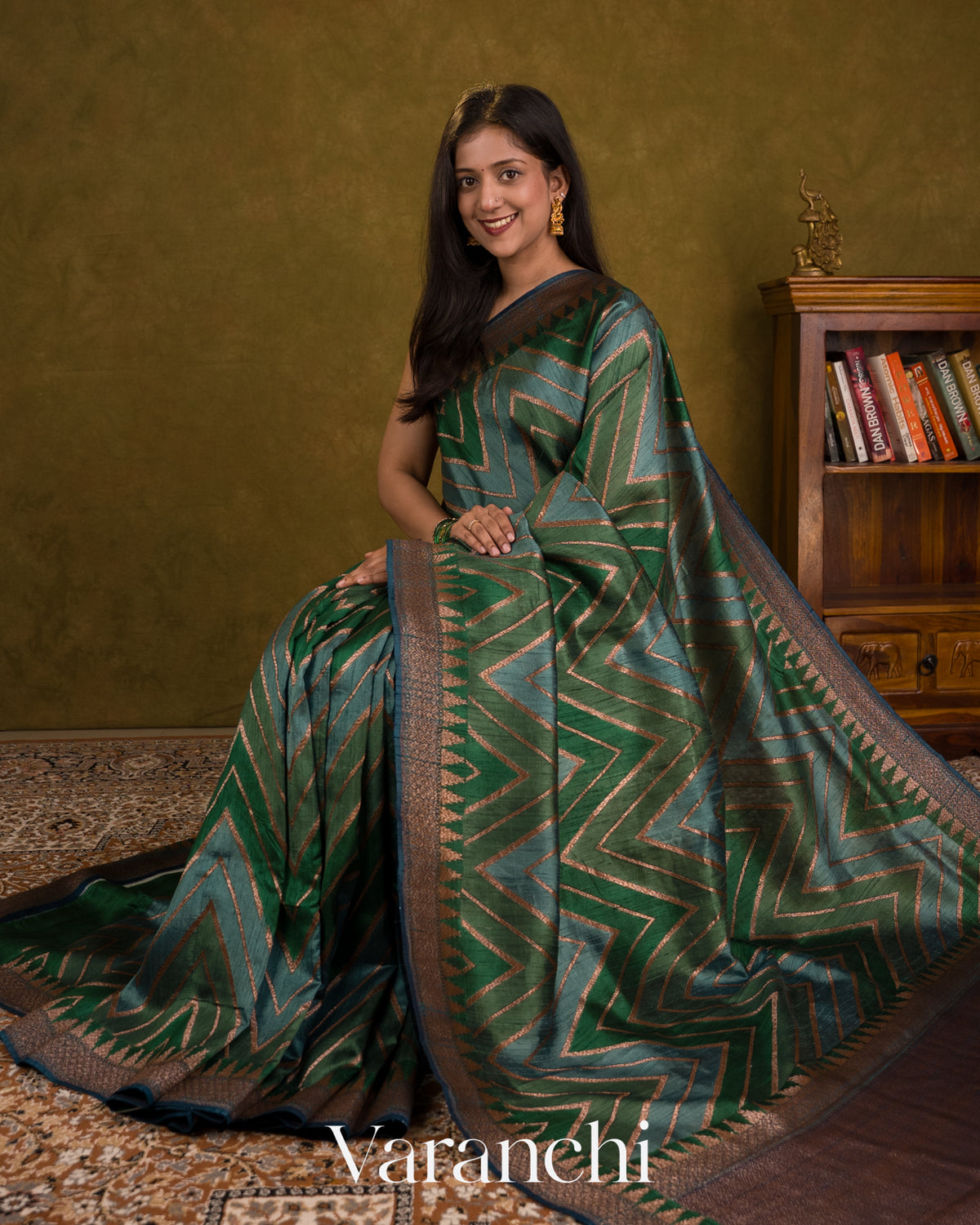 Green Tricolour Rangkaat Pure Raw Silk Handloom Saree — Draped