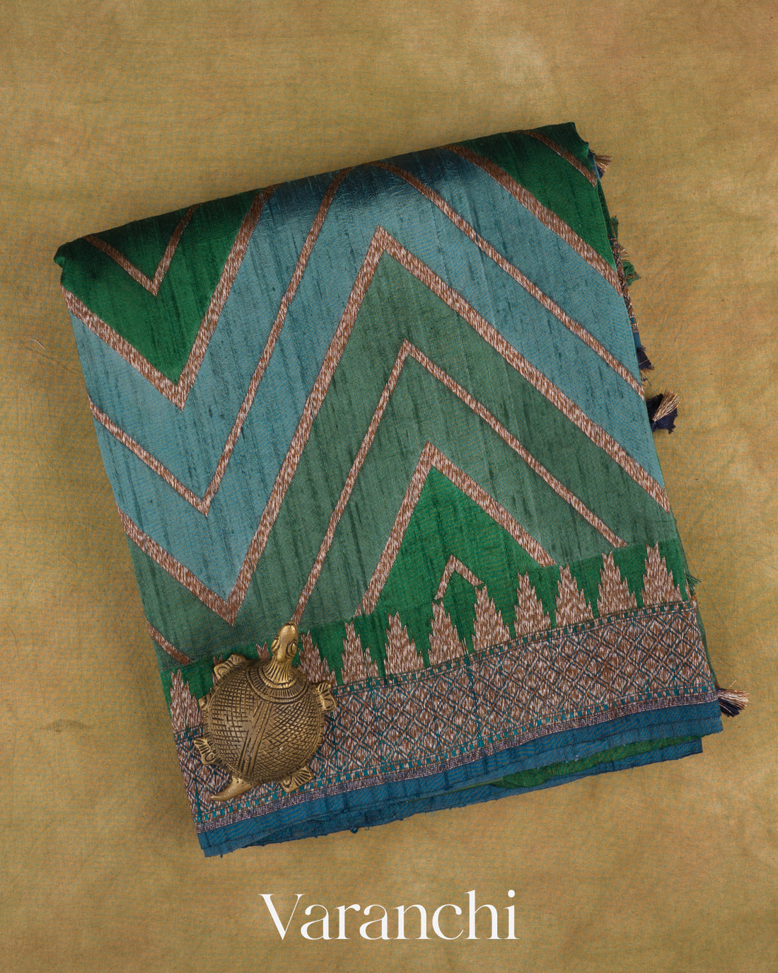 Green Tricolour Rangkaat Pure Raw Silk Handloom Saree — Folded