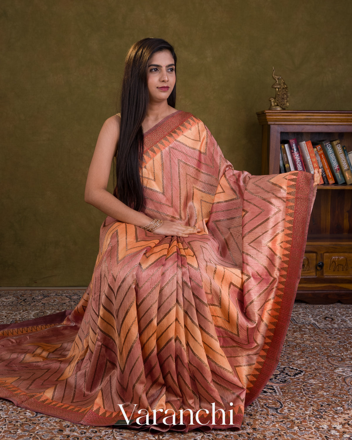 Peach Tricolour Rangkaat Pure Raw Silk Handloom Saree — Draped