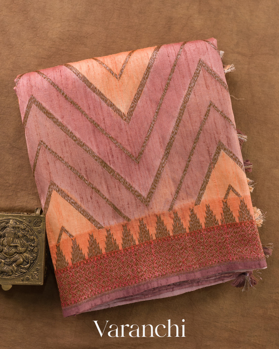 Peach Tricolour Rangkaat Pure Raw Silk Handloom Saree — Folded