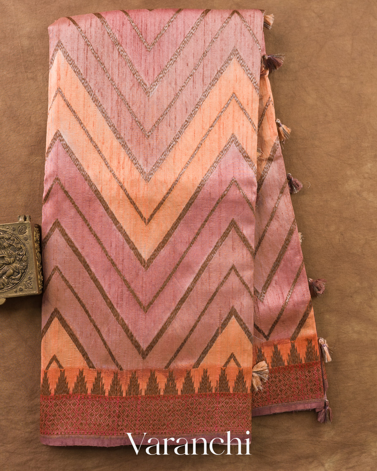 Peach Tricolour Rangkaat Pure Raw Silk Handloom Saree — Full Saree