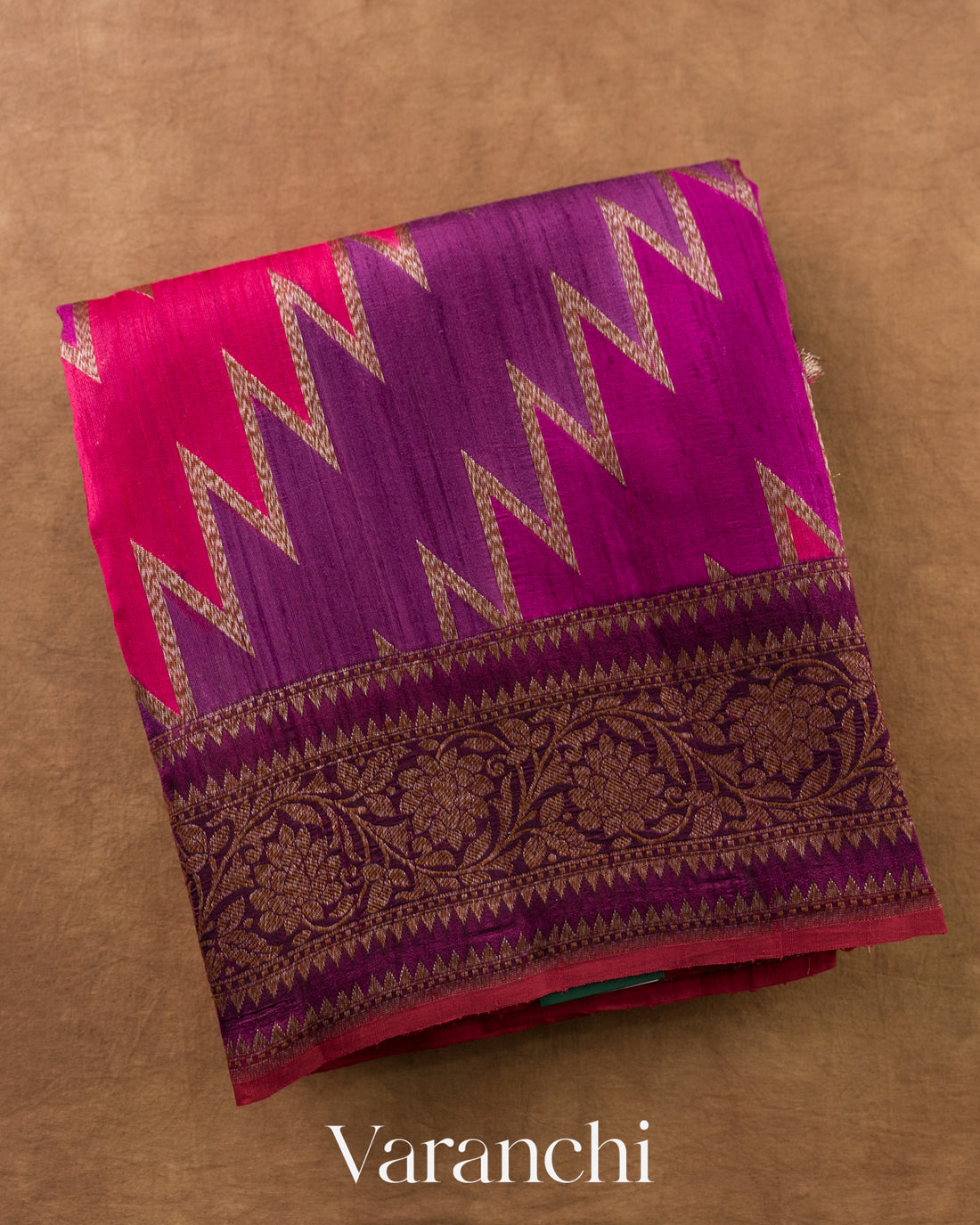 Magenta Tricolour Rangkaat Pure Raw Silk Handloom Saree — Folded