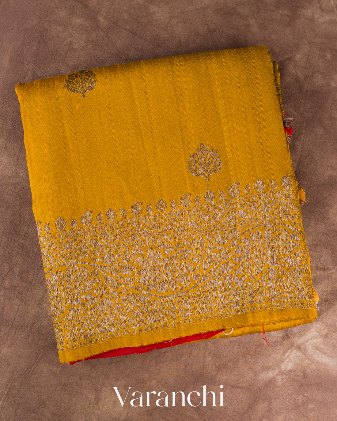 Mustard Yellow Pure Raw Silk Handloom Saree — Folded