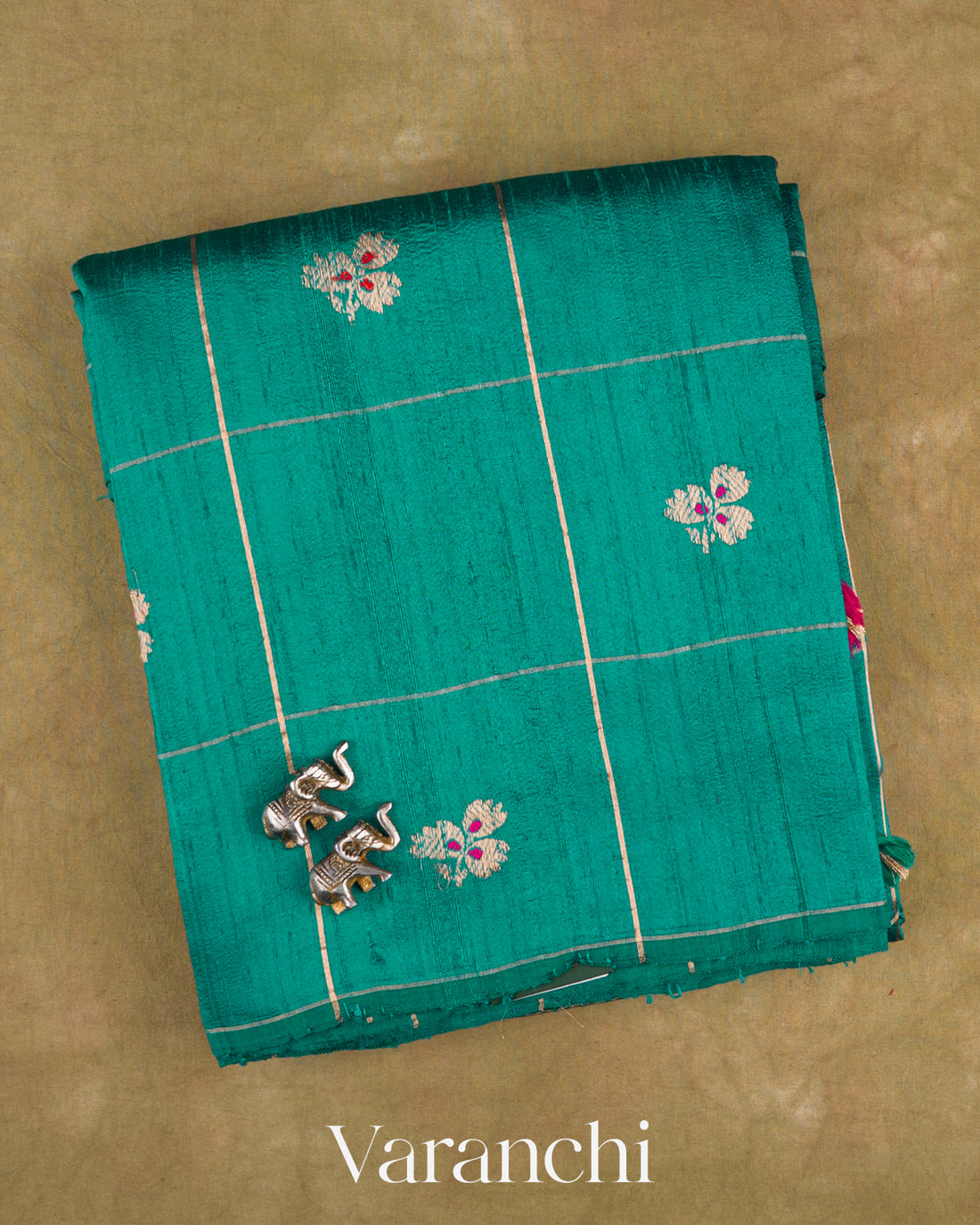 Turquoise Blue Checkered Pure Raw Silk Handloom Saree — Folded