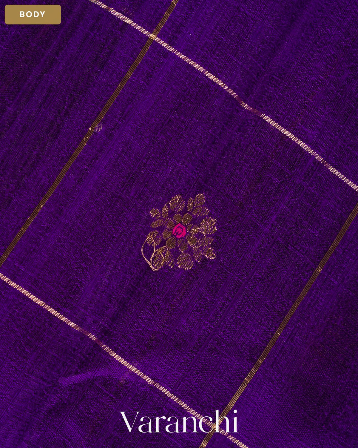 Royal Purple Checkered Pure Raw Silk Handloom Saree — Body