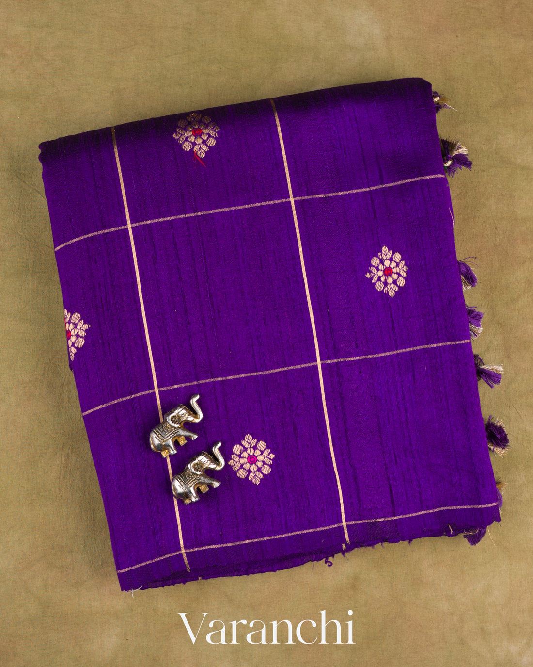 Royal Purple Checkered Pure Raw Silk Handloom Saree — Folded