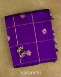 Royal Purple Checkered Pure Raw Silk Handloom Saree — Folded