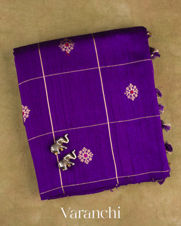 Royal Purple Checkered Pure Raw Silk Handloom Saree — Folded
