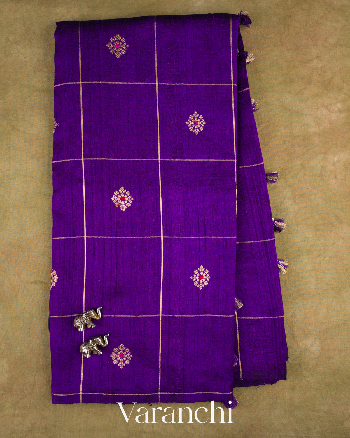 Royal Purple Checkered Pure Raw Silk Handloom Saree — Full Saree