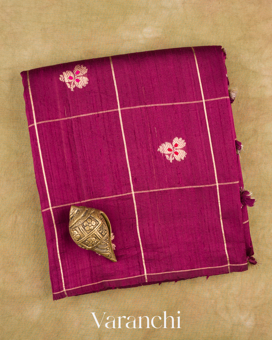 Wine Checkered Pure Raw Silk Handloom Saree — Folded