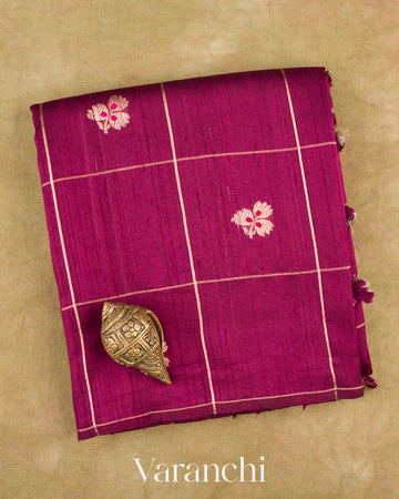 Wine Checkered Pure Raw Silk Handloom Saree — Folded