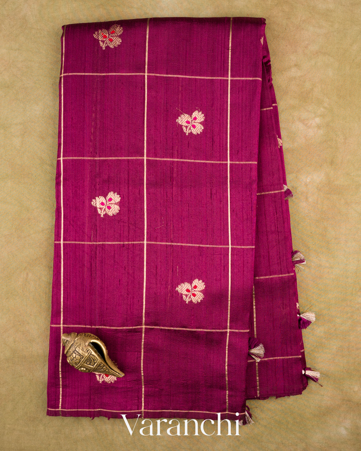 Wine Checkered Pure Raw Silk Handloom Saree — Full Saree