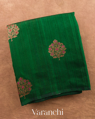 Bottle Green Pure Raw Silk Handloom Saree — Folded