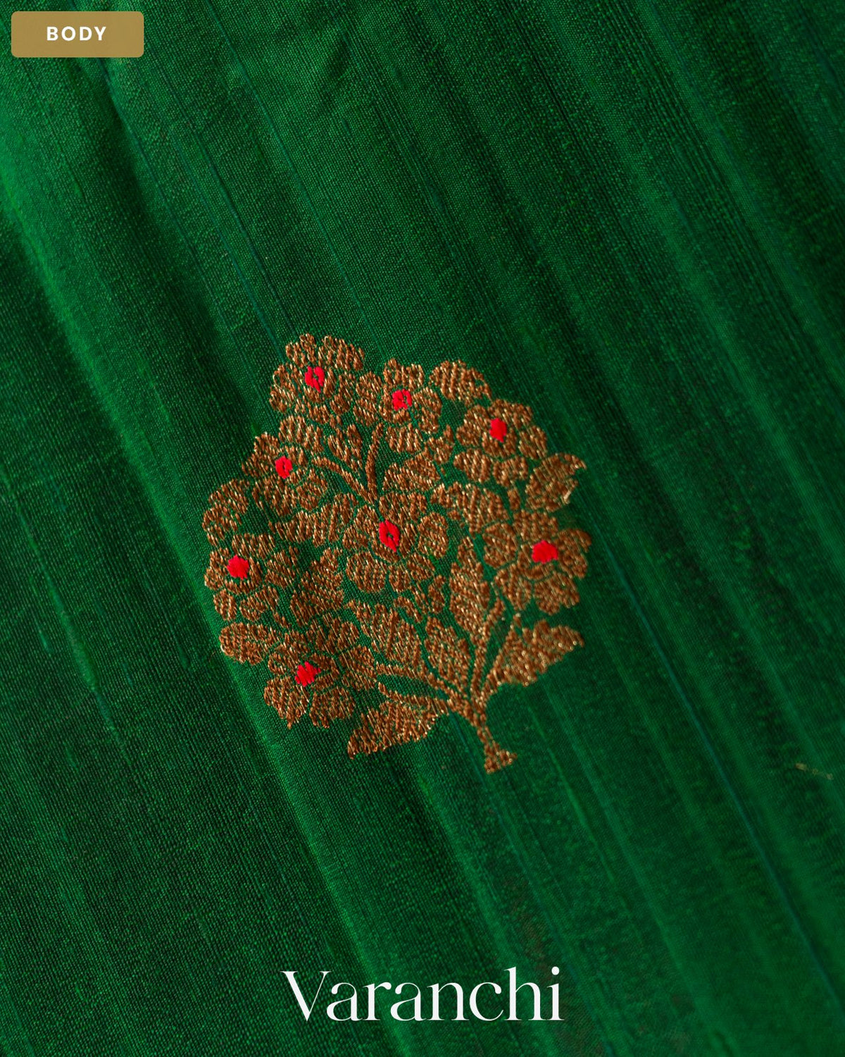 Bottle Green Pure Raw Silk Handloom Saree — Body