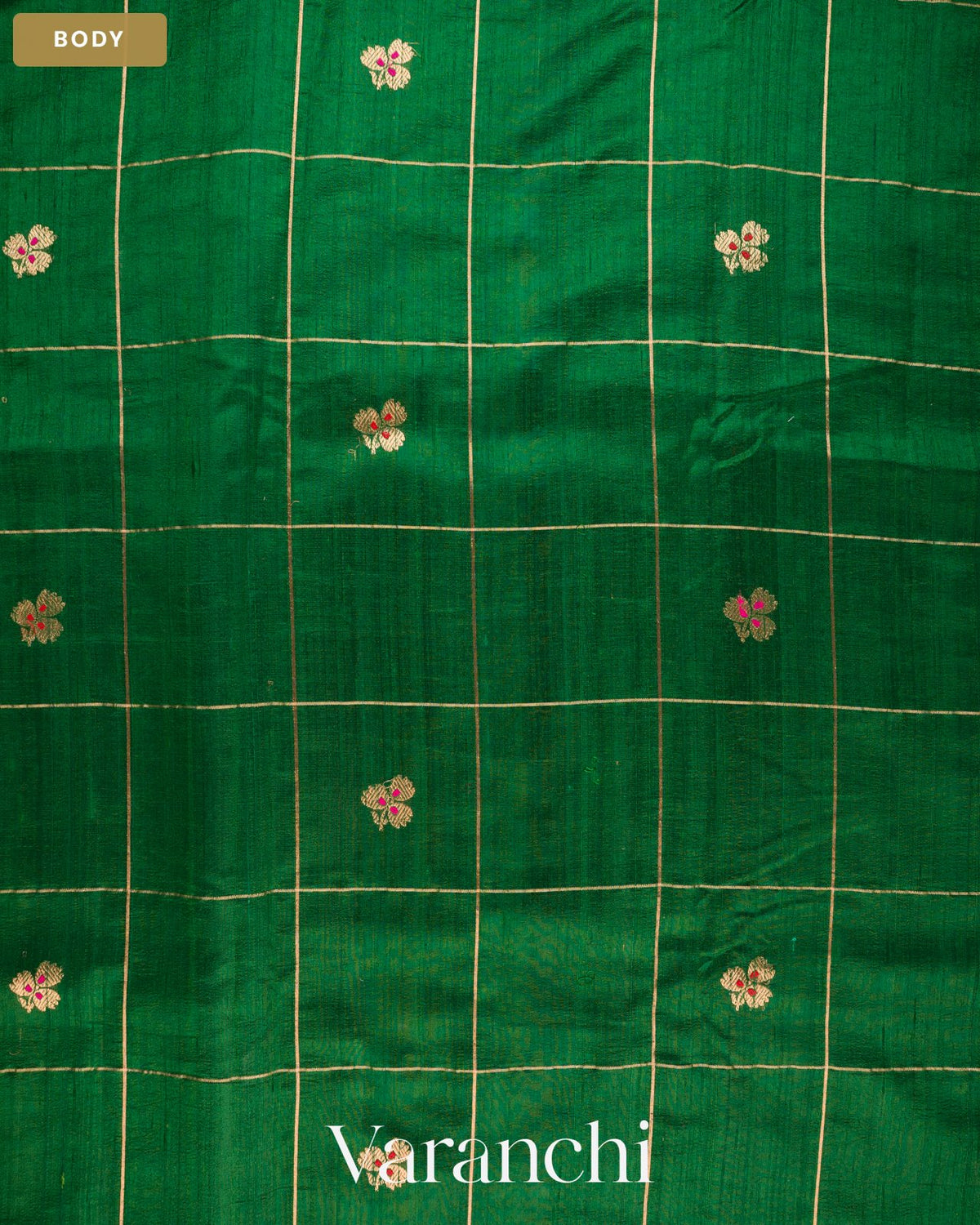 Bottle Green Checkered Pure Raw Silk Handloom Saree — Body