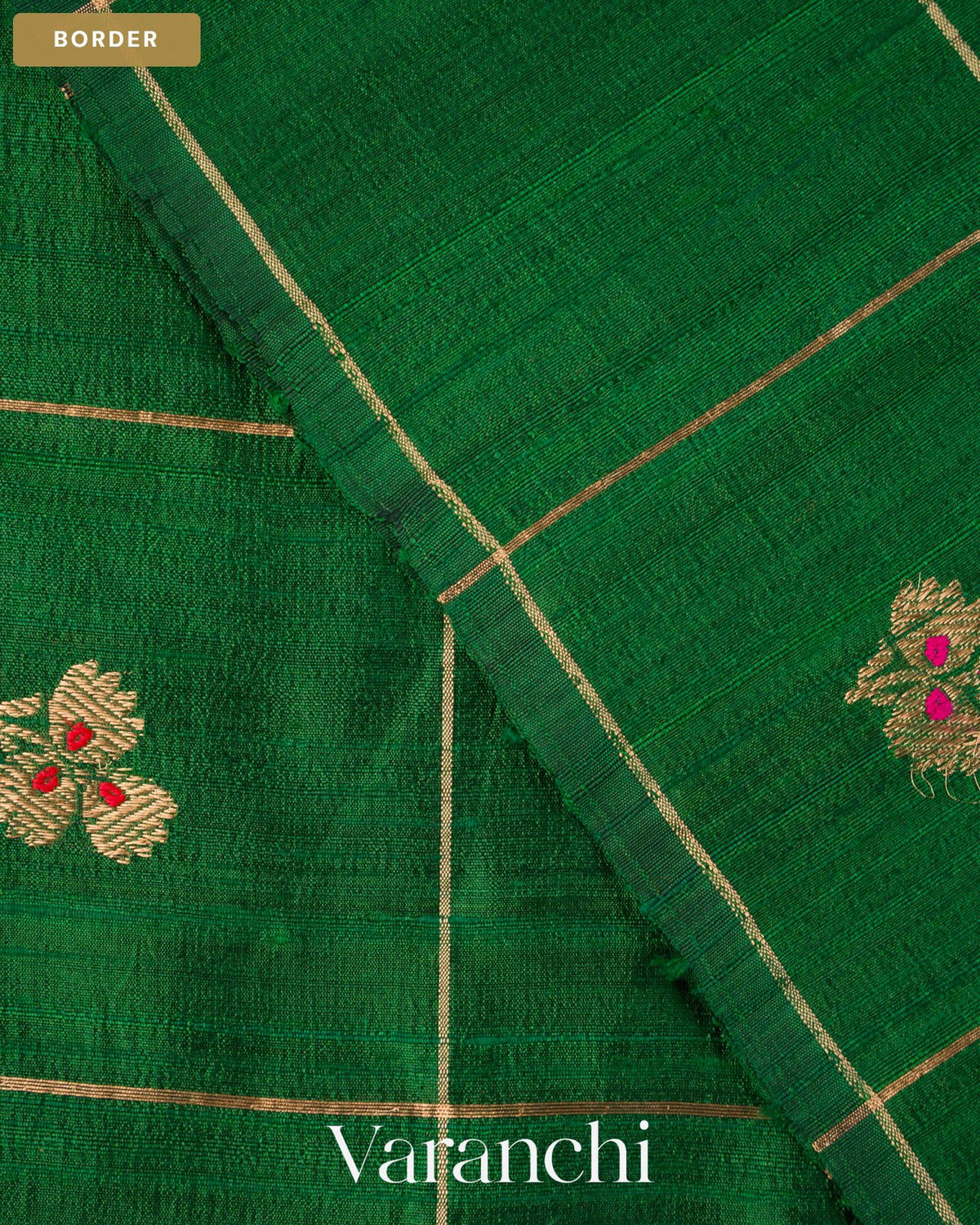 Bottle Green Checkered Pure Raw Silk Handloom Saree — Border