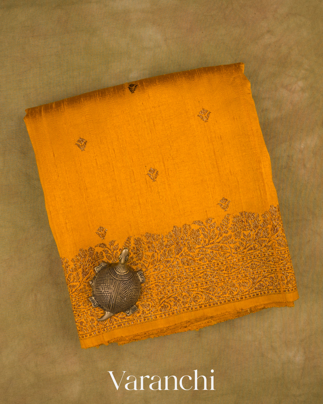 Deep Mustard Yellow Pure Raw Silk Handloom Saree — Folded