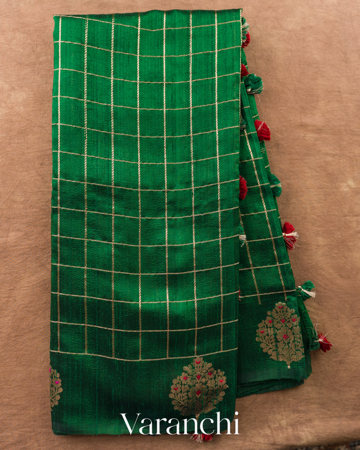Bottle Green Checkered Pure Raw Silk Handloom Saree — Full Saree