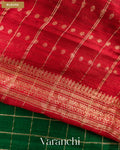 Bottle Green Checkered Pure Raw Silk Handloom Saree — Blouse