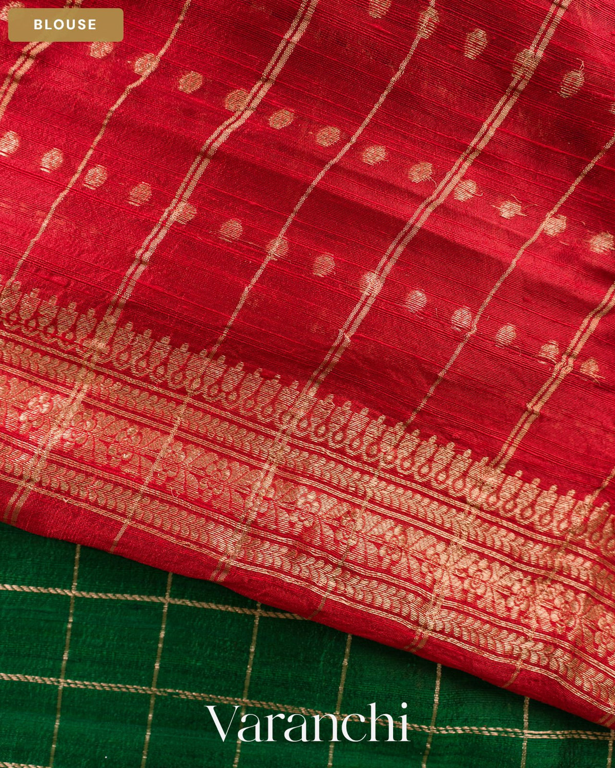 Bottle Green Checkered Pure Raw Silk Handloom Saree — Blouse