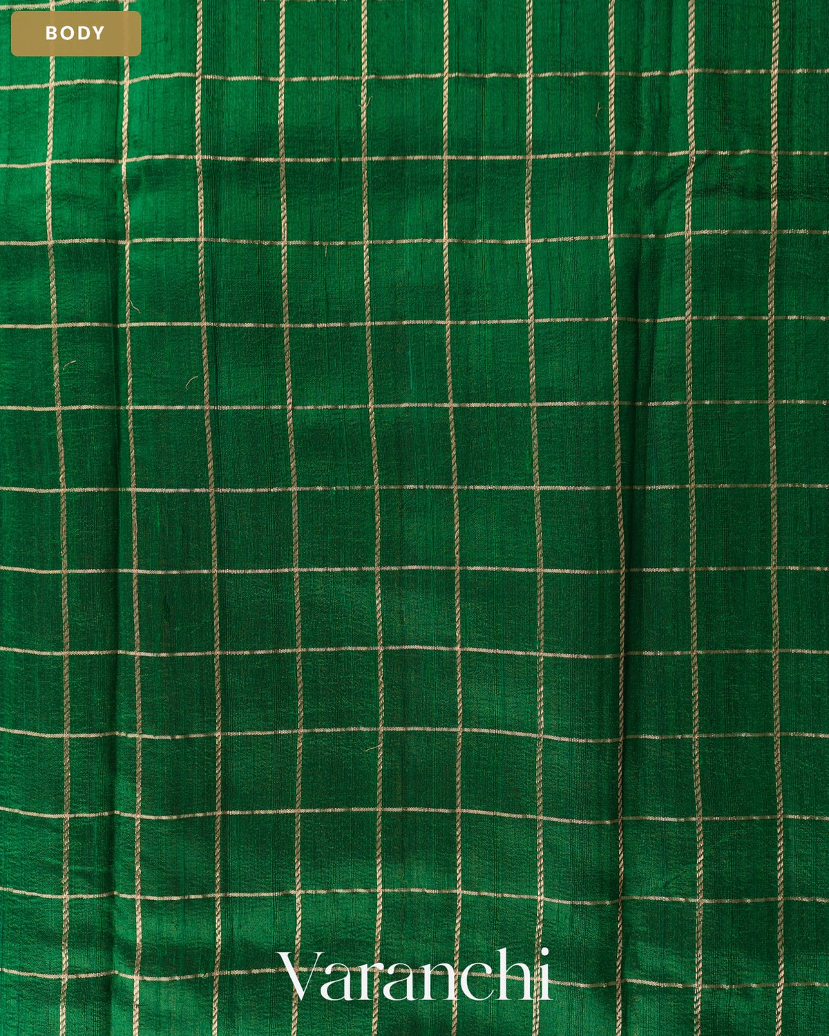 Bottle Green Checkered Pure Raw Silk Handloom Saree — Body
