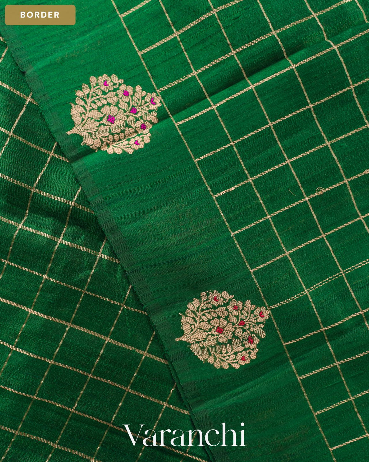 Bottle Green Checkered Pure Raw Silk Handloom Saree — Border