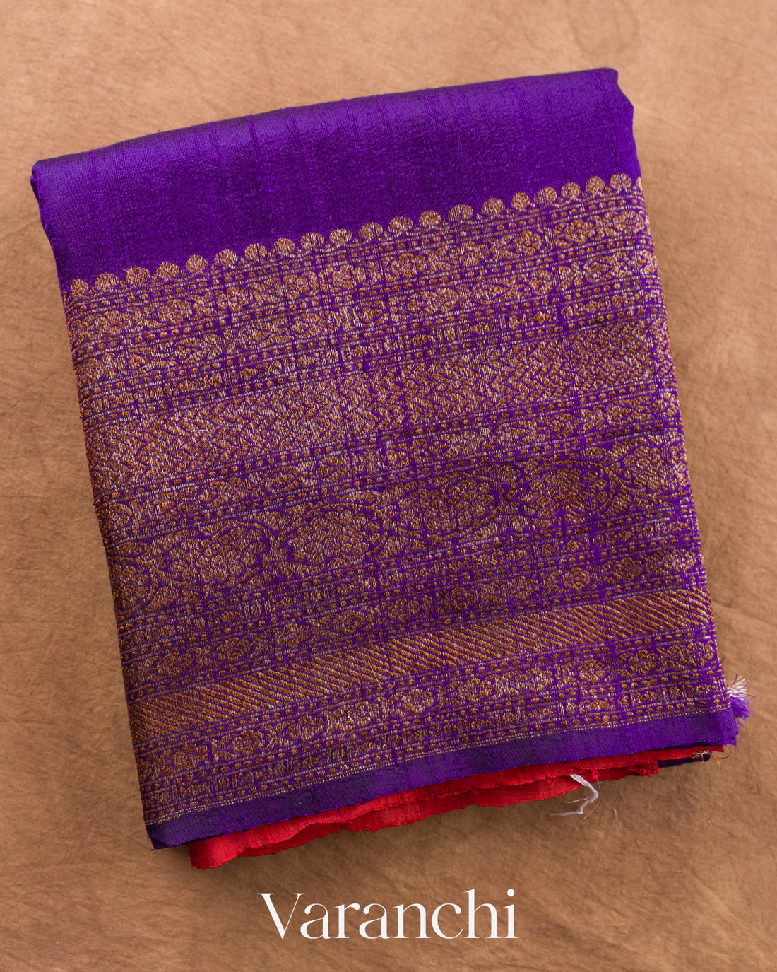 Deep Violet Pure Raw Silk Handloom Saree — Folded