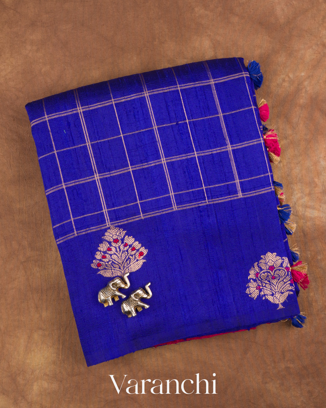 Royal Violet Checkered Pure Raw Silk Handloom Saree — Folded