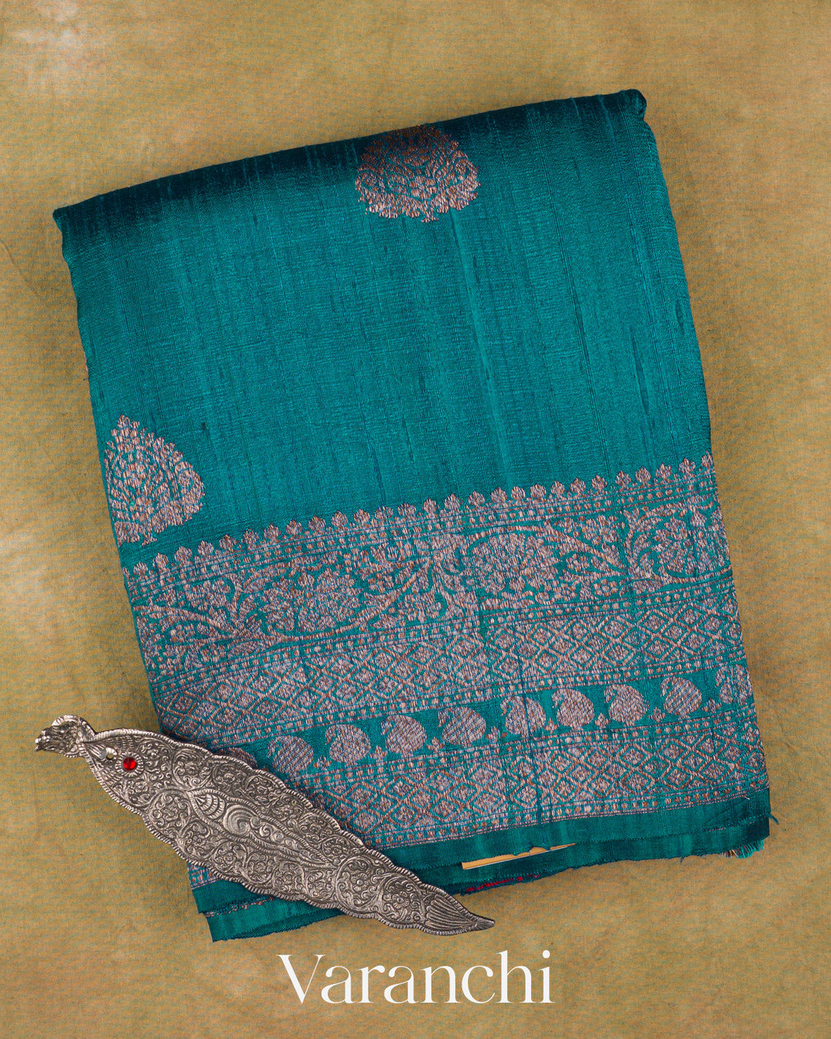 Sapphire Blue Pure Raw Silk Handloom Saree — Folded