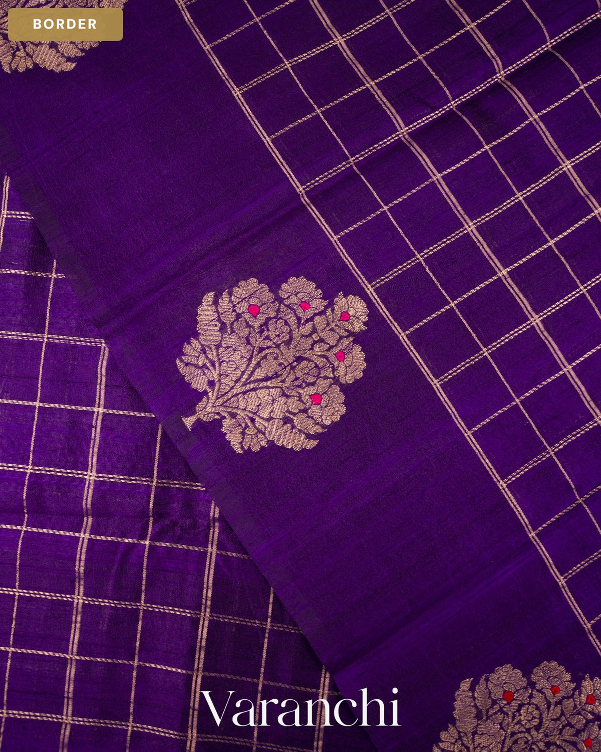 Royal Purple Checkered Pure Raw Silk Handloom Saree — Border