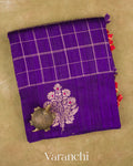 Royal Purple Checkered Pure Raw Silk Handloom Saree — Folded