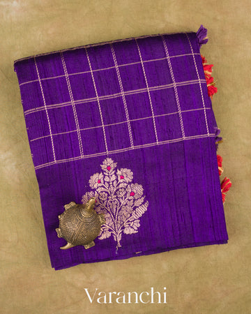 Royal Purple Checkered Pure Raw Silk Handloom Saree — Folded