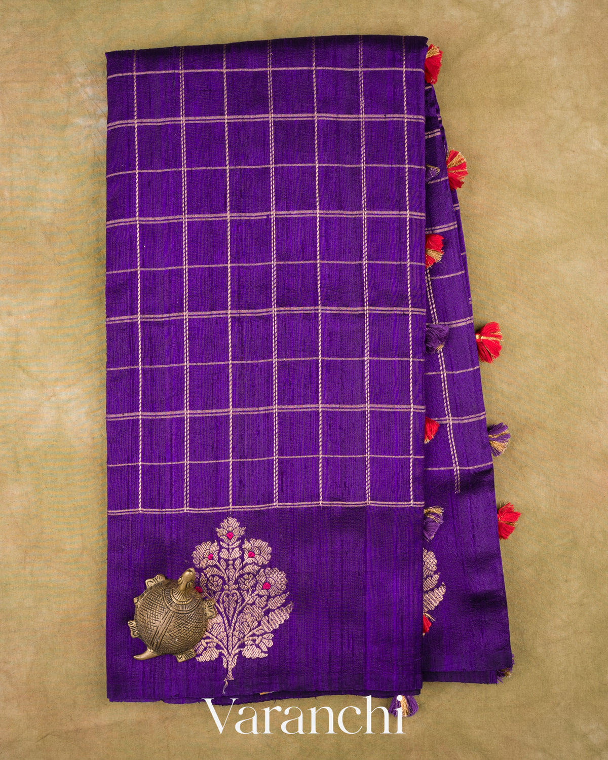 Royal Purple Checkered Pure Raw Silk Handloom Saree — Full Saree