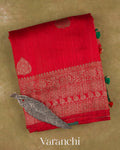 Crimson Red Pure Raw Silk Handloom Saree — Folded
