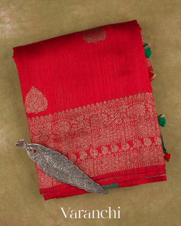 Crimson Red Pure Raw Silk Handloom Saree — Folded
