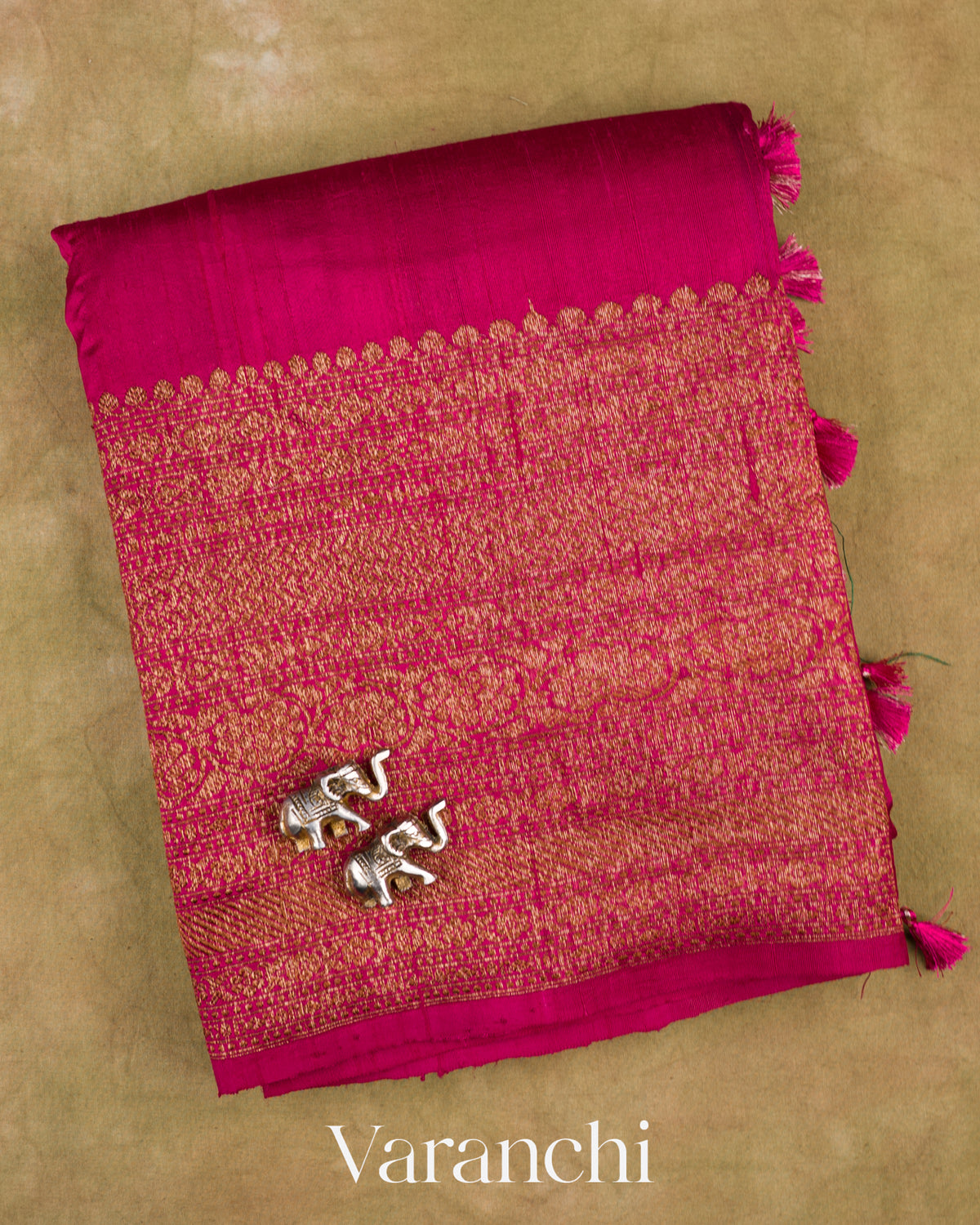 Deep Magenta Pure Raw Silk Handloom Saree — Folded