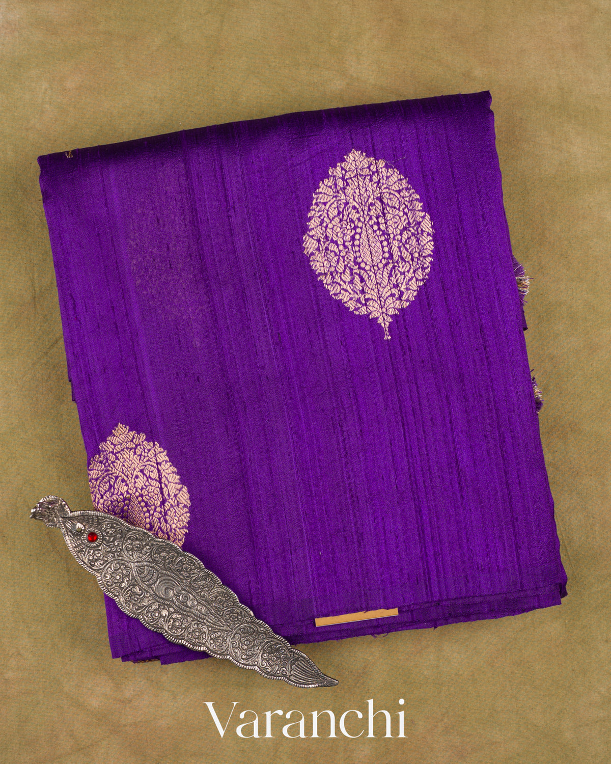 Royal Purple Borderless Pure Raw Silk Handloom Saree — Folded