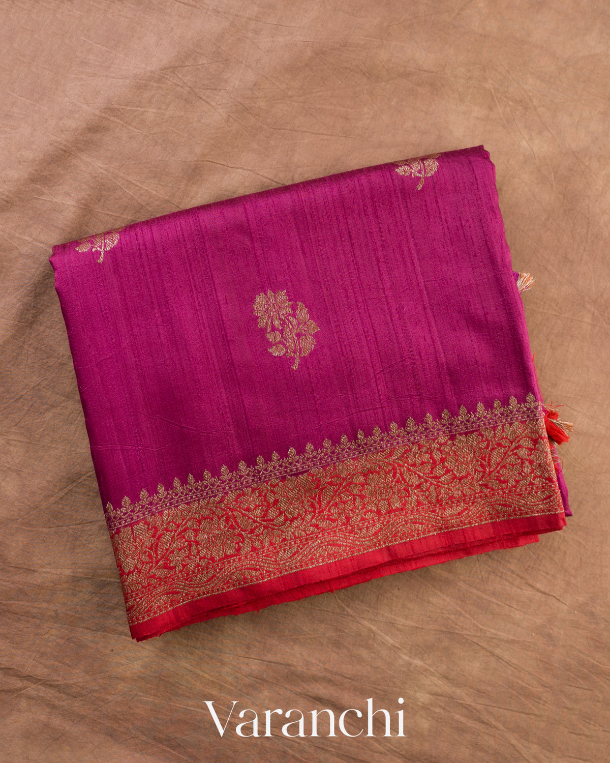 Wine Pure Raw Silk Handloom Saree — Folded