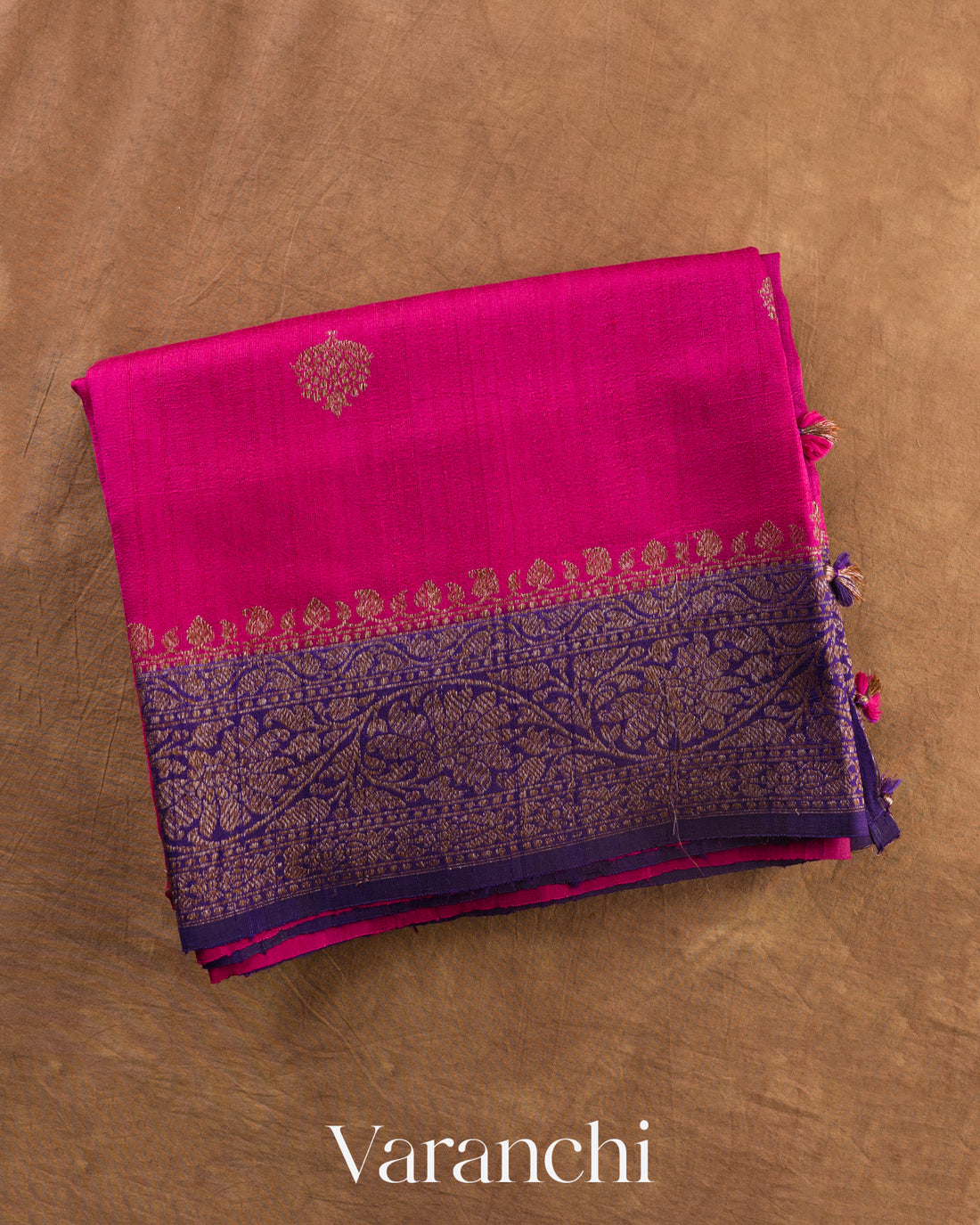 Rani Pink Pure Raw Silk Handloom Saree — Folded