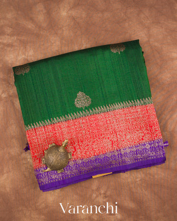Bottle Green Pure Raw Silk Handloom Saree — Folded