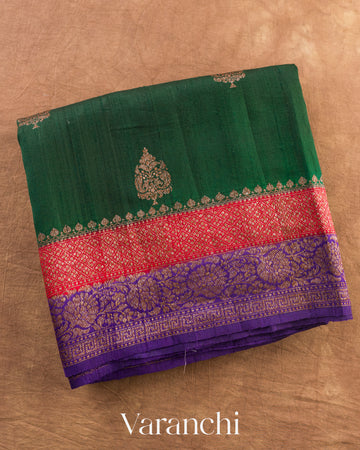 Bottle Green Pure Raw Silk Handloom Saree — Folded